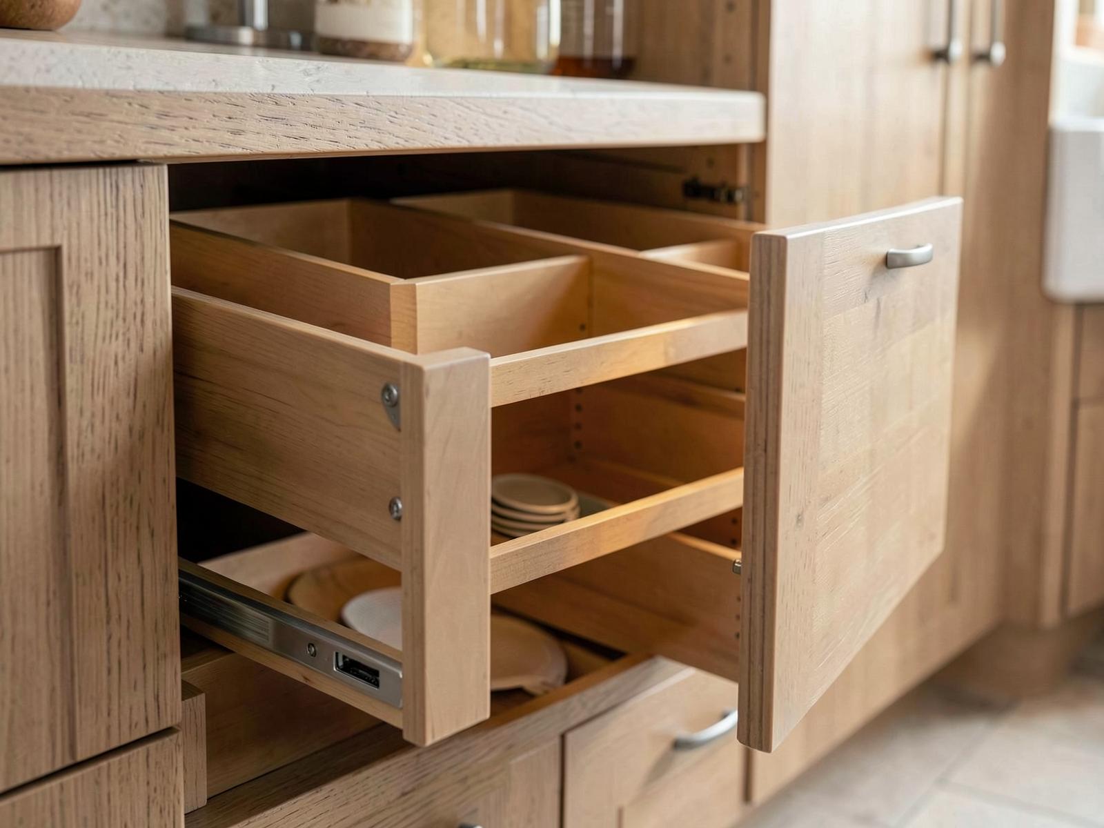 Tiroir d'armoire de cuisine avec organisateurs en bois