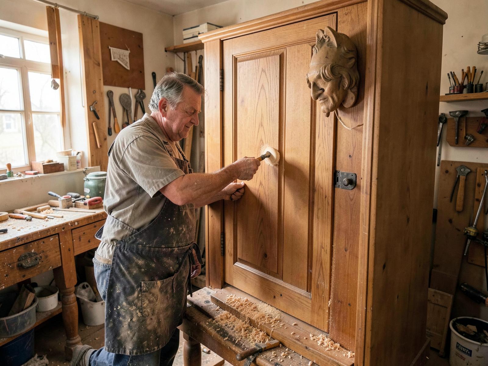 Finition d'une porte d'armoire en atelier